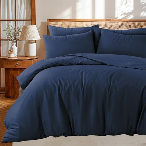 Linen Home Navy Duvet Cover Set Super King Plain Dyed Soft Microfibre Quilt Cover with 2 Pillowcase,Easy Care Wrinkle Free Bedding Set of 3 Pcs (Super King, Navy)