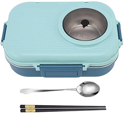 Contenitori Termici per Pranzo, 4 Scomparti Isolati Lunch Box Portatile Bento Box con Cucchiaio, Bacchette e Ciotola per Zuppa per Picnic in Ufficio Scolastico(Blu)