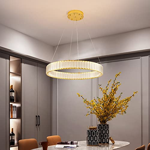 Eurotondisplay LED Pendelleuchte Hängelampe 3015-600 vergoldete Metallrahmen,klare große Kristalle mit Fernbedienung Lichtfarbe/Helligkeit einstellbar dimmbar