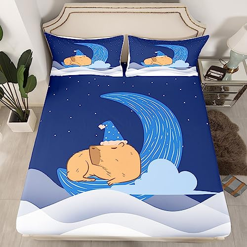 Beautiful Capybara Bed Linen, Kawaii Animal Theme Fitted Sheet for Boys Bedroom, Cute Rodent Capybara Sleeping on Moon Bed Linen, Galaxy Stars Moon Bed Linen with 1 Pillowcase, 90 x 200 x 30 cm