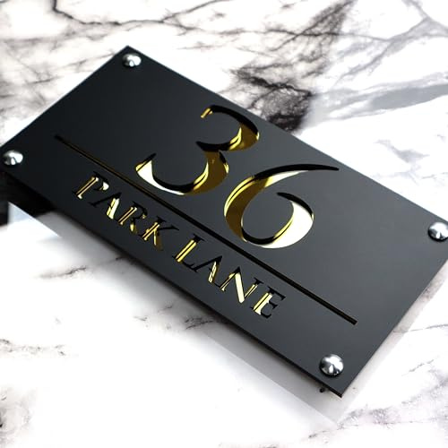 K SMART SIGN | LUXE H3 F32 | House Numbers Plaques House Numbers Door Laser Signs Number Name Personalised Plaques For Outside 3D Laser Cut acrylic Mirrored Marble (Matt Black & Gold Mirror)