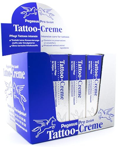 Pegasus Pro Crema para tatuajes, juego de 25 unidades en expositor de mostrador, 25 g, cuidado y cuidado posterior para una protección intensiva del tatuaje, hidratante con aceite de cajeput, aceite