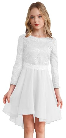 Sywiyi Flicka långärmad aftonklänning festlig festklänning blomsterflicksklänning med spets vokuhila klänningar elegant för bröllop fest, Vit, 134-140