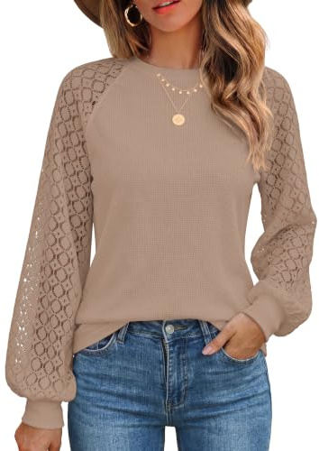 Zeagoo Womens Long Sleeve Tops Lace Plain Casual Blouses Loose Shirts | Round Neck| Waffle Business Work Shirts| Elegant Fall Tunic| S-3XL