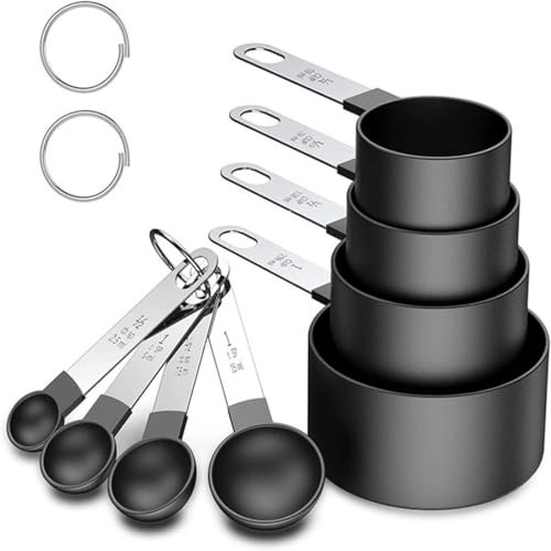 Measuring Cups and Spoons Set of 8 Pieces, Nesting Measuring Cups for Measuring Dry or Liquid Ingredients, Small Teaspoon with Plastic Head for Cooking Kitchen (Black)