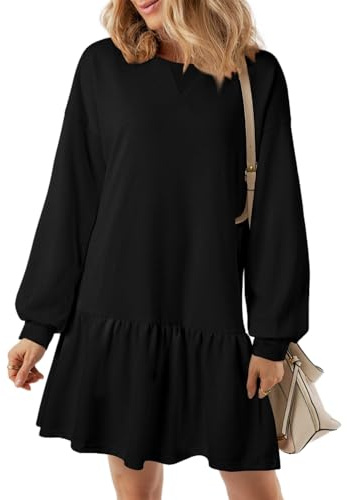 ABYOVRT Vestito Casual da Donna Manica Lunga Feple Abito Girocollo A Line Vestiti Sportivo Sweatshrt Pullover Mini Dress Invernali Autunno,Nero,M