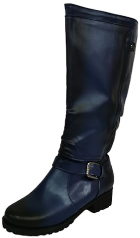 Generisch Bottes à enfiler pour femme, élégantes bottines noires, bottines confortables, bout rond, bottines à enfiler, bottines léopard en peluche, bleu, 42 EU