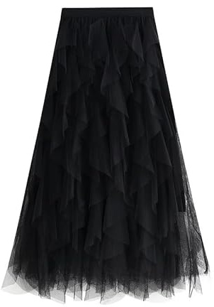 KIJSKKOPO Gonne Lunghe Plissettate da Donna, Gonna Svasata in Tulle A Rete Irregolare con Elastico in Vita Color Cachi, Gonna Elegante Nera da Sposa E Ballo di Fine Anno