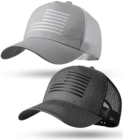 spxkd American Flag Trucker Hat，USA Hat for Men Women Snapback Baseball Cap Adjustable Breathable Mesh Side Durable Hats Outdoor (US, Alpha, Small, 2 Pcs Light Grey and Dark Grey)