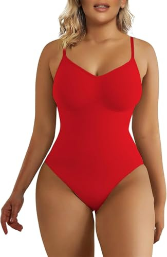 SHAPERX Bodysuit Shapewear for Women Tummy Control Seamless Body Shaper Thong Adjustable Strap, UK-SZ5215-Red-4XL