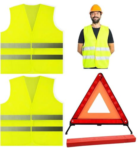Shalwinn Triangle de Signalisation, Gilet Jaune et Un Disque Bleu de Stationnement, Triangle et Gilet Jaune pour Voiture Kit de Sécurité Routière, Triangles de Signalisation Réfléchissants(3PCS)