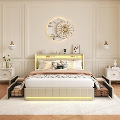 TIMORWTF Lit Double 160x200cm avec Éclairage LED et Charge USB,lit 2 Personnes avec 4 Tiroirs,Lit de Tiroir Facile à Assembler,Lin,sans Matelas, Beige