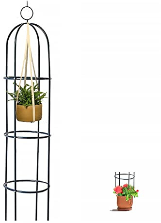 Obelisco de jardín de metal para plantas trepadoras, soporte de rosas, pérgola y enrejado, jaula de crecimiento para verduras, flores y frutas, negro, 35 cm de diámetro x 190 cm de alto
