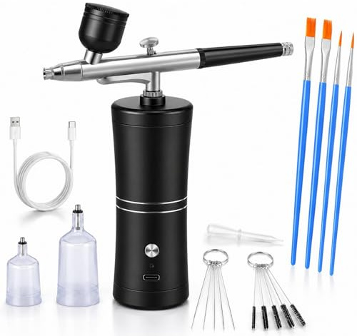 Uadme Kit de Aerógrafo con Compresor de Aire, Pistola de Cepillo de Aire Recargable Portátil Inalámbrico con Boquilla de 0,4mm, Aerografo para Uñas, Pintura, Tatuaje (Negro)
