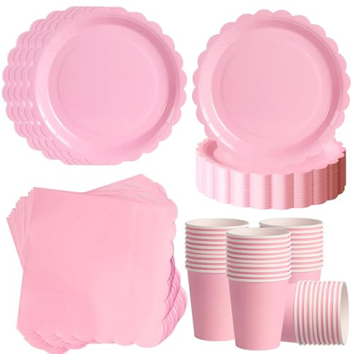 ZblPyro Rosa Pálido vajilla cumpleaños para 40 invitados con platos carton ondulados 18cm, vasos de papel y servilletas. Ideal para baby shower niña y fiestas rosas.