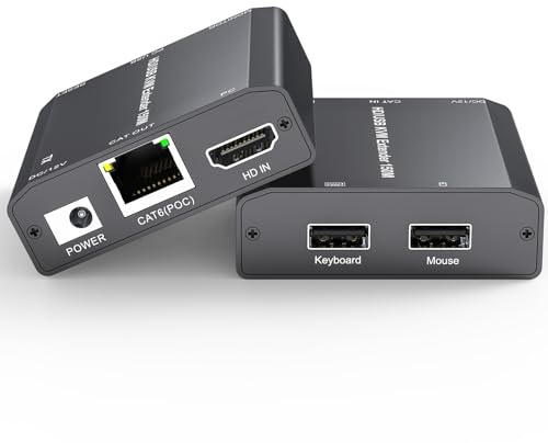 YOUTINGHDAV HDMI USB KVM-förlängare, KVM USB HDMI-förlängare över CAT6/CAT5e upp till 150 m, förlorad latens, plug and play, 1080P@60 Hz, loop out, POE, mus och tangentbord fjärrstyrning PC