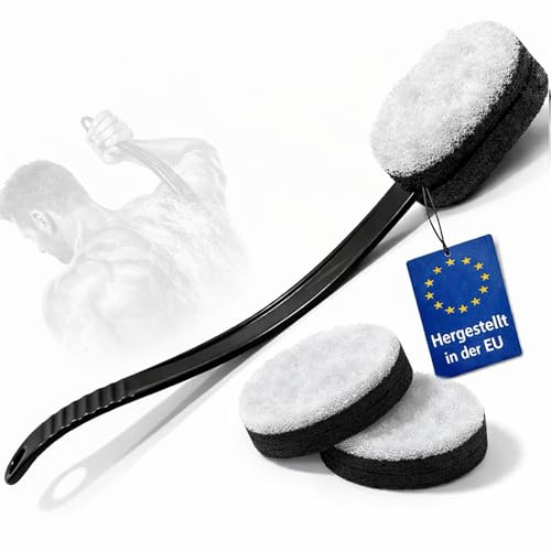 Rückenbürste mit langem ergonomischem Griff – Waschbürste für Rücken und Körper, 2-in-1 Doppelseitiger Schwamm mit Wechselkopf, hygienisch, rutschfest, inkl. 3 Ersatzschwämme, hergestellt in der EU