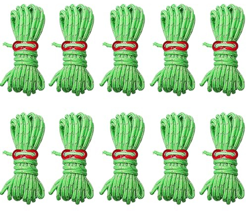 10 Pcs Guy Ropes and Guide Ropes, Camping Rope, Reflective Tent Rope Accessories with Tensioners, 4 Metre Length and 4 Millimetre Diameter, Fluorescent Green for Outdoor Use