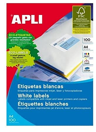 Apli Paper 1281 Etiquetas Adhesivas Blancas 100 h Inkjet Laser Copy 210,0X297,0 100H de Apli Paper S.A.U