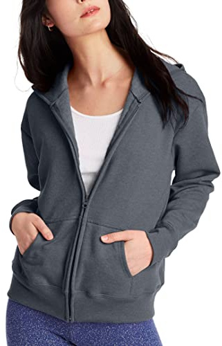Hanes womensO4637Women's Fleece Full Zip Hood Long Sleeve Hoody - Gray - X-Large