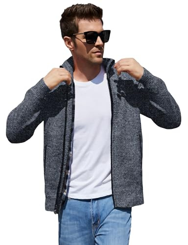 Yeokou Men's Casual Slim Full Zip Thick Knitted Cardigan Sweaters with Pockets (Large, Dark Grey)