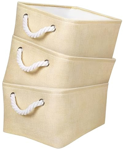 Mangata Collapsible Storage Box, Fabric Storage Basket with Handles | Soft & Durable, for Shelf, Closet, Wardrobe, Medium, 36x26x18cm, Beige, 3 Pack