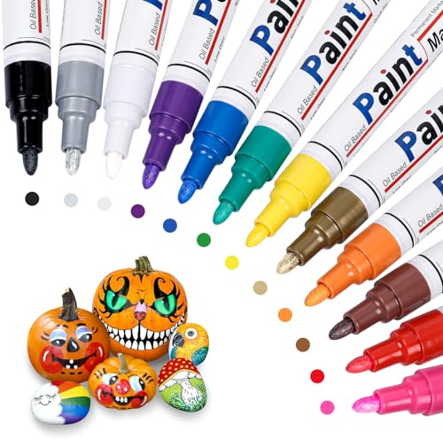 ANYUKE Permanent Marker, 12 Lackmarker set: Wasserfeste Stifte Steine Bemalen Glasstift Lackstift Paint Marker Stifte Bunt für Karton, Kunststoff, Holz, Metall, Keramik, Tassen