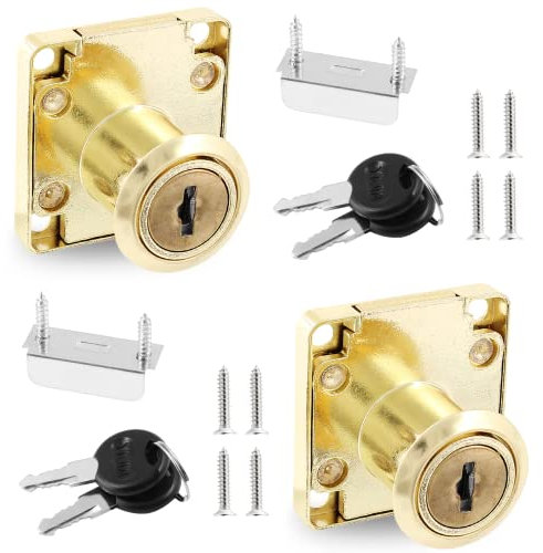 Qjaiune Lot de 2 verrous de placard avec clé - Cylindre de 22 mm de long - Pour boîte aux lettres, tiroir de bureau, petite serrure de placard, armoire (doré, clé différente)