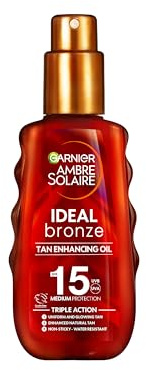 Garnier Ambre Solaire Sun Cream Spray SPF15, Ideal Bronze Protective Oil Sunscreen, Tan Enhancing, High Sun Protection Factor 15, Shea Butter, Water Resistant, Non-Greasy, UVA & UVB Protect150ml