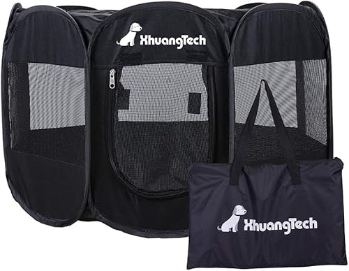 XhuangTech Soft Fabric Portable Foldable Pet Dog Cat Puppy Playpen, Indoor/Outdoor use Pet Kennel Cage Travel Pet Carrier + Carrying Case… (Black)