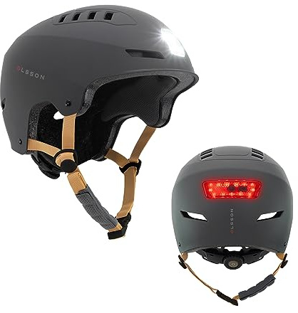 OLSSON Casque Velo Homme Phare LED Urban Light - Anthracite - Taille M/L - Ajustable - Homologué - Résistant aux Chocs à 360° - Doublure Amovible - Grilles de Ventilation - Trottinettes, Patins