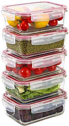 Vinsani Glass Food Storage 5 Pack 840ML Containers Rectangle Food Meal Prep Lunch Boxes with Lids Airtight Heat Resistant Leakproof Lid BPA-Free Dishwasher Microwave Freezer Safe