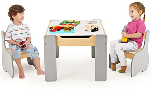 COSTWAY 3 in 1 Set Tavolo e Sedie per Bambini, Tavolo da Attività per Bambini con 2 Sedie, Lavagna Rimovibile e Deposito, per Giocare, Disegnare e Leggere, in Legno (grigio)