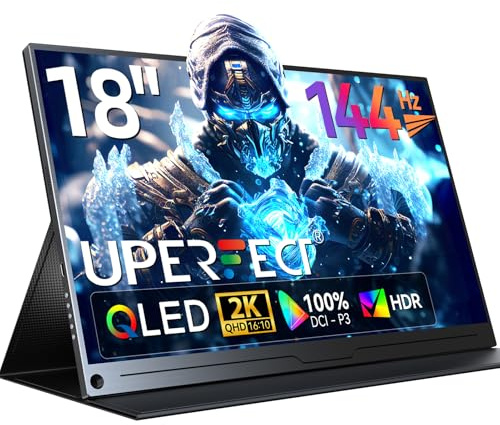 UPERFECT 18 QLED Portable Monitor, 2K 2560×1600, 144Hz Gaming Display, 500 Nits Brightness, FreeSync HDR, 100% DCI-P3, Ultra-Slim USB-C/HDMI Monitor for Laptop PC Phone Game Console, VESA Mount