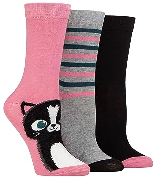 SockShop Ladies Soft, Cooling & Breathable Bamboo Feather Textured Patterned Socks in a Multipack of 3 Pairs Size 4-8 (as8, numeric, numeric_4, numeric_8, regular, regular, Fluffy Cat)