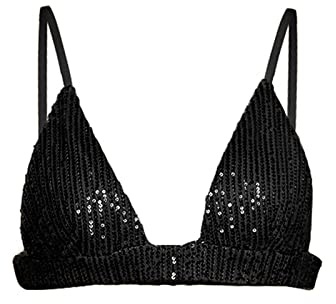 Owegvia Brasier brillante con purpurina para mujer, camisa de lentejuelas sin mangas, tirantes delgados, cuello en V profundo, pantalones de lentejuelas, conjunto de fiesta de club, Sujetador negro, S