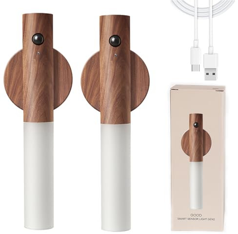 BURNTOP Motion Sensor Night Light Portable Battery Powered Removable Magnetic Wireless Wall Light Indoor Rechargeable Bedroom Corridor Staircase Automatic Sensing (Walnut Wood 2PS)