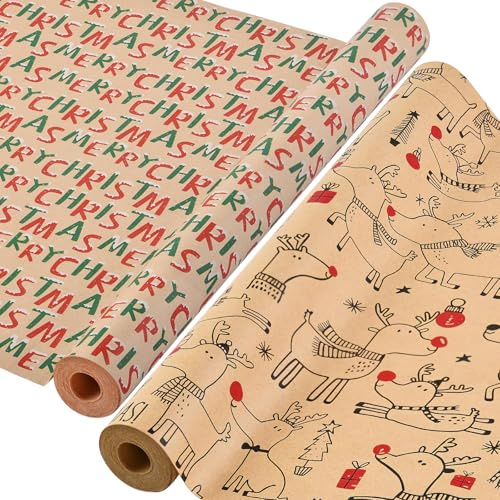 AhfuLife 2 Rouleau Kraft Papier Cadeau Noël, 43cm×15m Recyclable Papier Emballage Cadeaux Noel avec Motifs Fins pour Enfant Emballage des Cadeaux, Décor de Noël (M：Wapiti/Merry Christmas)