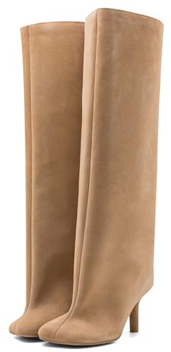 VOZTOLLS Suede Knee High Boots for Women Square Toe Stiletto Heel Long Boots Pull On Wide Calf Tall High Heel Boots Fashion Fall Winter Booties Beige Size 9