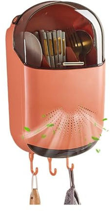 KDFHKHS Wall Mounted Cutlery Drainer with Lid - Kitchen Utensil Organizer for Spoons Chopsticks Forks - Dustproof & Waterproof Storage Box(Orange)