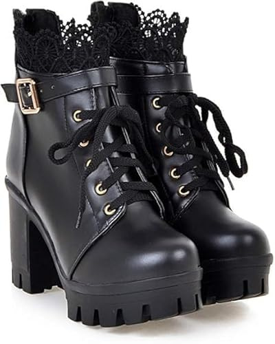 Gothic Boots for Women Chunky Heels Ankle Boots Leather Goth Anti Slip Lace Up High Heels Booties Wide Calf Cowboy Booties