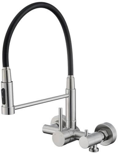 HanCrobiyx Wasserhahn Küche Wandmontage mit 3/4 Zoll Anschluss, Küchenarmatur Wand für Geschirrspüler/Waschmaschine, Wandarmatur mit 3 Strahlarten, 360° Drehbar Flexibler Auslauf, Gebürstetes