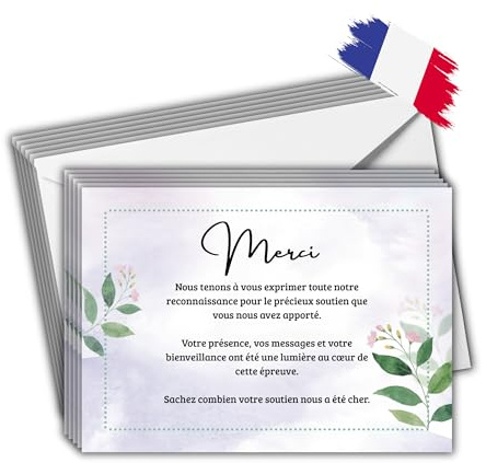 EVTI Lot de 25 cartes de remerciement condoléances avec enveloppes, remerciement deces simple et touchant, message de deuil papier premium 350 g, marque Francaise, modèle feuillage