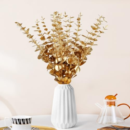 TILONKJ 24Pcs Dorado Hojas de Eucalipto Artificiales, 38cm Oro Eucalipto Artificial Ramas Secas Decorativas para Bodas, Jardines, Decoración de Oficinas