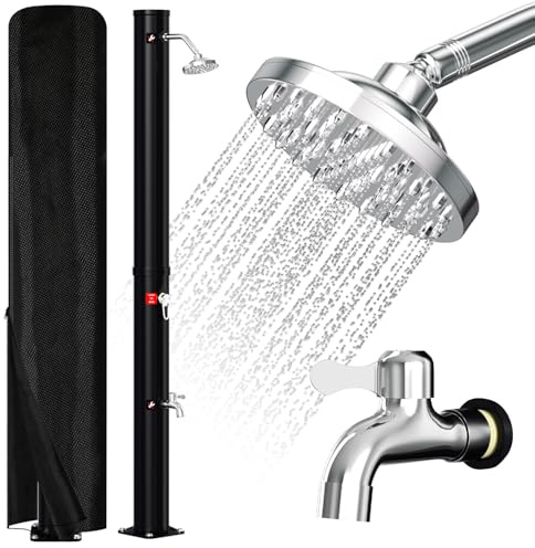 Aopunly Ducha solar giratoria para exteriores de 20 L, con gran cubierta protectora UV (220 x 65 cm) y ducha de pies, tornillo de drenaje de agua y material de montaje incluidos, color negro