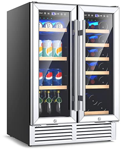COSTWAY Dual Zone Wine Beverage Refrigerator, 120L Double Door Commercial Bottle Fridge with LED Lights, 2 Independent Control Zones, Removable Shelves & Safety Lock, Bar Beer Drink Fridge (Silver)