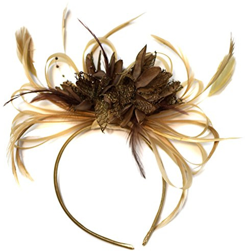 Champagneguld beige kamel och kaffe brun fascinator på pannband Alice band UK bröllop Ascot races Derby