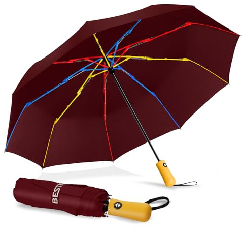 BESTKEE Windproof Travel Folding Umbrella Automatic, Large Rain Folding Compact Umbrella Portable Fast Drying with Auto Open/Close Button, Non-Slip Handle (Red)