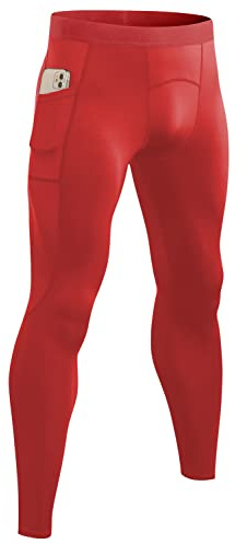 SPVISE Men's Compression Pants Leggings Tights with Pockets Cool Dry Sports Baselayer Athletic Tights for Basketball Running, Red, XXL