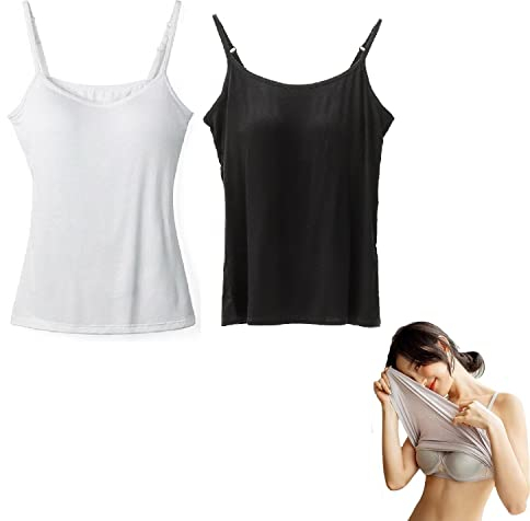 Sorviesw Canotta da donna 2 in 1, senza cuciture, tinta unita, con spalline sottili, in cotone, regolabili, per abbigliamento casual quotidiano, canotta con reggiseno integrato, L, 2 pezzi, Nero e